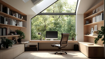 Home office with large window, wooden shelves, desk, and black chair.