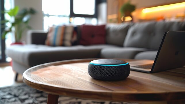 Imagine the integration of smart home technology with a laptop on a table.