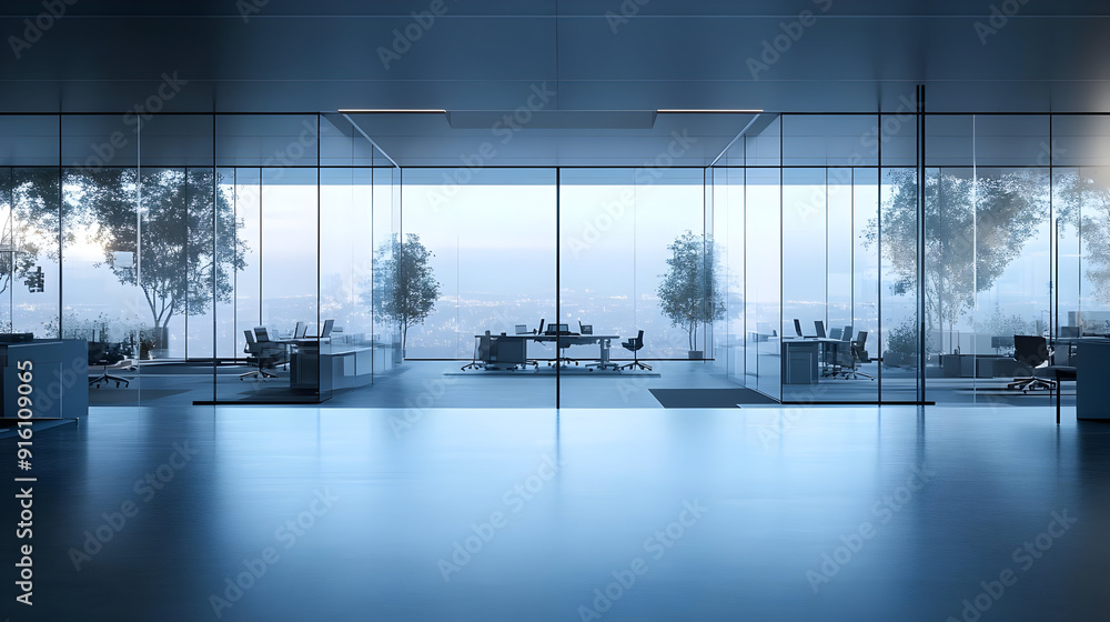 Poster empty office space with large windows.