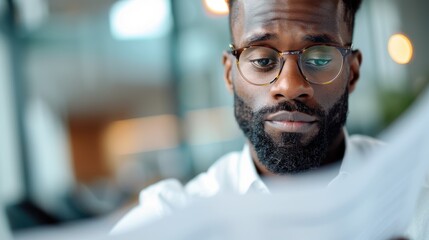 Fototapeta premium A young man with glasses is focused on reading a document, suggesting a professional or academic setting. The background is blurred, emphasizing his concentration.