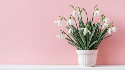 Snowdrops on shelf against light pink wall. First signs of spring. Blank space for text in white frame. Front view.
