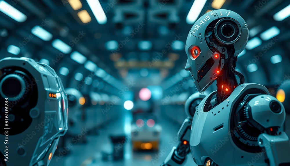 Poster futuristic robots in a factory.