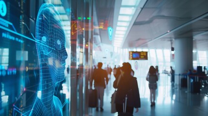 Obraz premium Imagine the technology at a cutting-edge airport, with biometric boarding passes, smart luggage tracking, and virtual assistants guiding travelers.