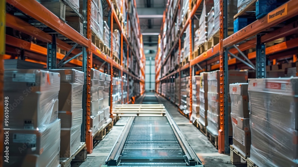 Poster in a temperature-controlled warehouse, perishable goods are stored in optimal conditions. the specia