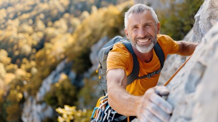 Fototapeta premium A determined climber scales a rocky cliff amidst a beautiful autumn setting with vibrant foliage, reflecting the spirit of adventure and the thrill of climbing.