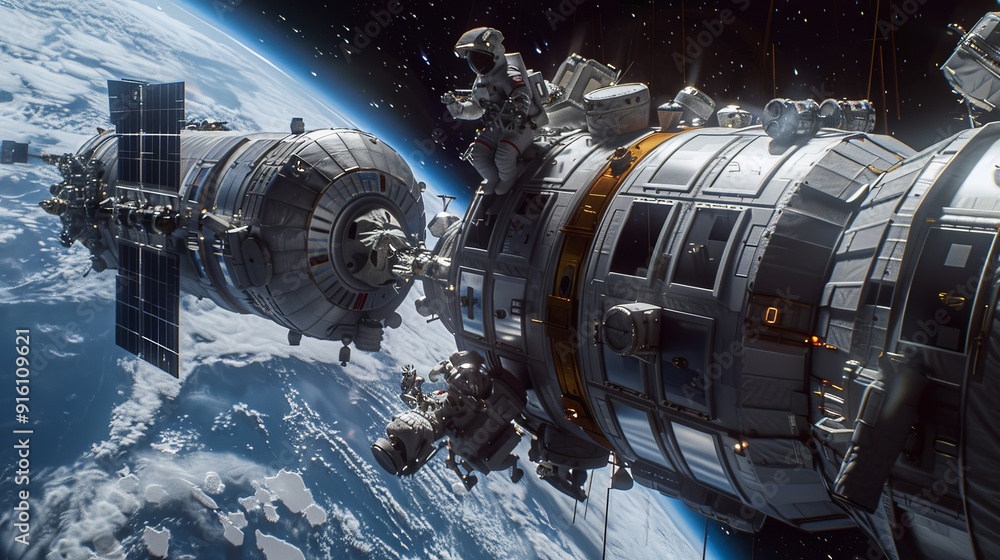 Poster in the boundless expanse of space, astronauts diligently construct a space station. their expertise 
