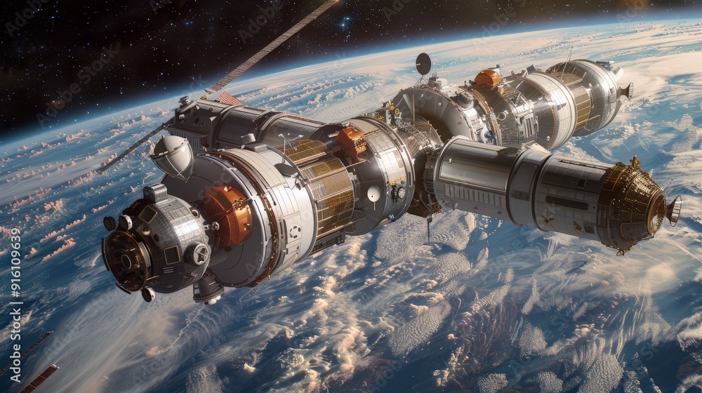 Poster in the boundless realm of space, astronauts are hard at work constructing a space station. their pre