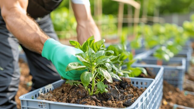 A person is actively gardening, wearing gloves, and tending to green plants in a garden, focusing on plant care and cultivation for a healthy environment.