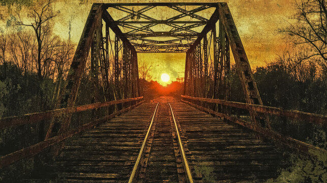 Old train trestle bridge at sunset with grunge texture
