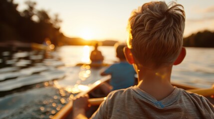 Fototapeta premium A young boy is seen rowing a boat, leading towards others on a lake during a golden sunset, depicting a sense of adventure, exploration, and natural beauty.