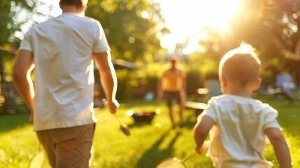 A joyful family scene in a sunny backyard garden, with adults and children engaging in a lively game of badminton, embodying togetherness, fun, and outdoor activity.