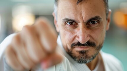 Obraz premium A close-up of a determined man with a beard in a white martial arts uniform showing a focused punch towards the camera, with intense expression.