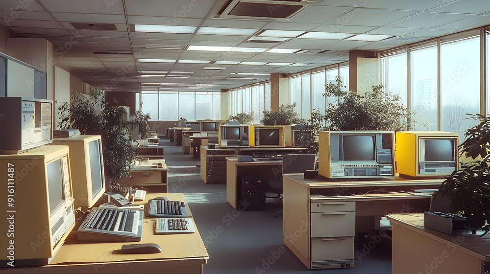 Poster Vintage office space with computers and large windows.