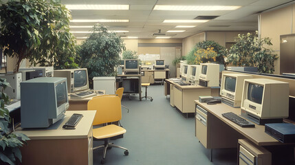 Vintage office with computer workstations and plants.