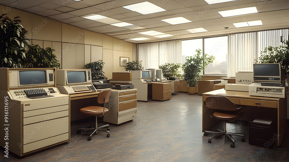 Poster retro office with vintage computers and a large window.