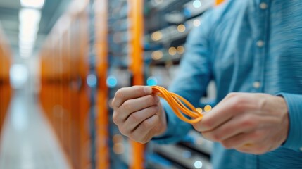 Close-up shot of hands holding and inspecting an orange network cable in a data center, symbolizing the intricate and essential work of IT professionals in maintaining connectivity.