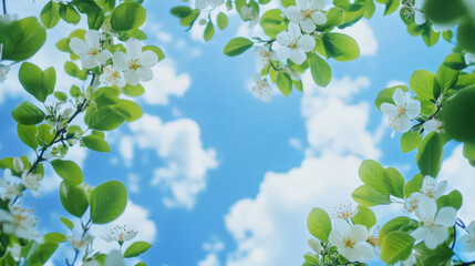 Obraz premium Blue sky with white flowers and leafy green decoration