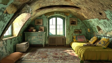 A cozy bedroom with a bed, a dresser, and a window in a rustic attic.