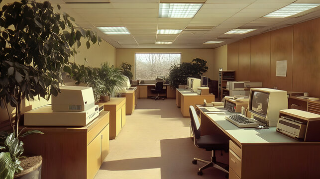 Retro office interior with computers and plants.