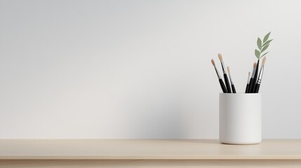 Obraz premium An elegant, minimalist ceramic brush holder with artist tools, arranged on a simple, wooden desk.