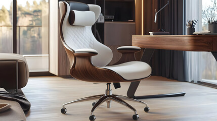 Modern white office chair with wooden accents.