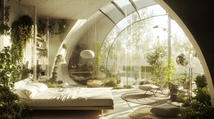 Fototapeta premium Modern bedroom with large windows overlooking a lush green garden.