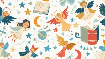 Fototapeta premium Whimsical angels, stars, and books float on a vibrant, magical background filled with celestial designs