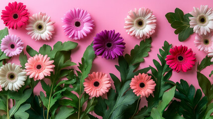 Fototapeta premium Vibrant summer backdrop featuring colorful gerbera flowers in pink, purple, and white, set against lush green foliage on a vibrant pink background, perfect for web banners and designs.