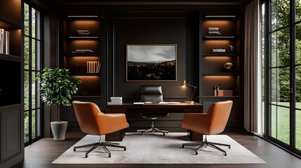 Modern office interior with dark walls and wooden desk.