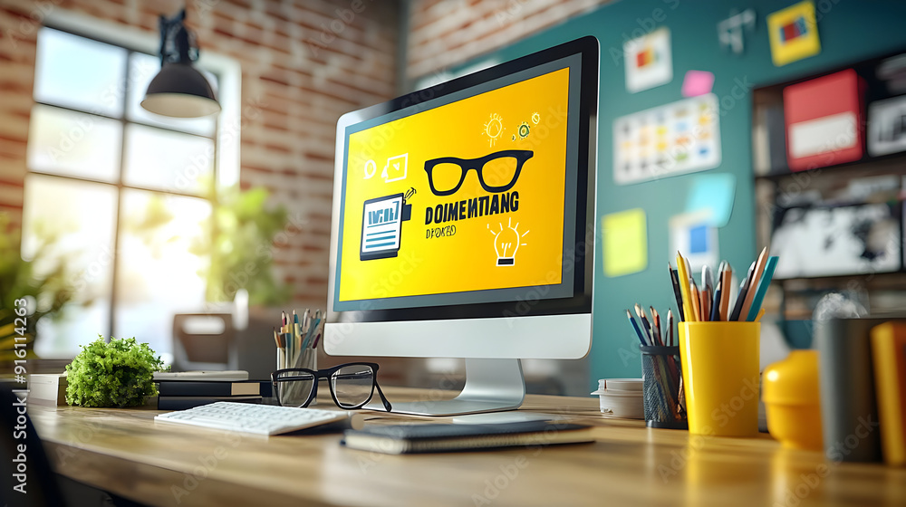 Poster computer on desk with creative design concept.