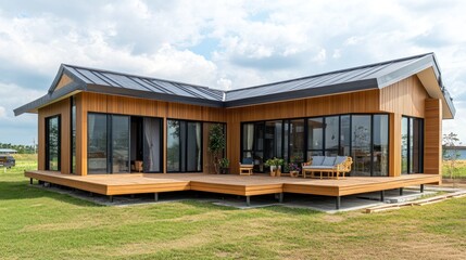 Modern wooden house with large windows and a deck overlooking a green lawn.