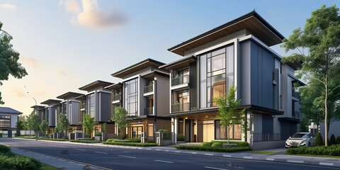 Modern Row of Houses with Lush Greenery and a Car.