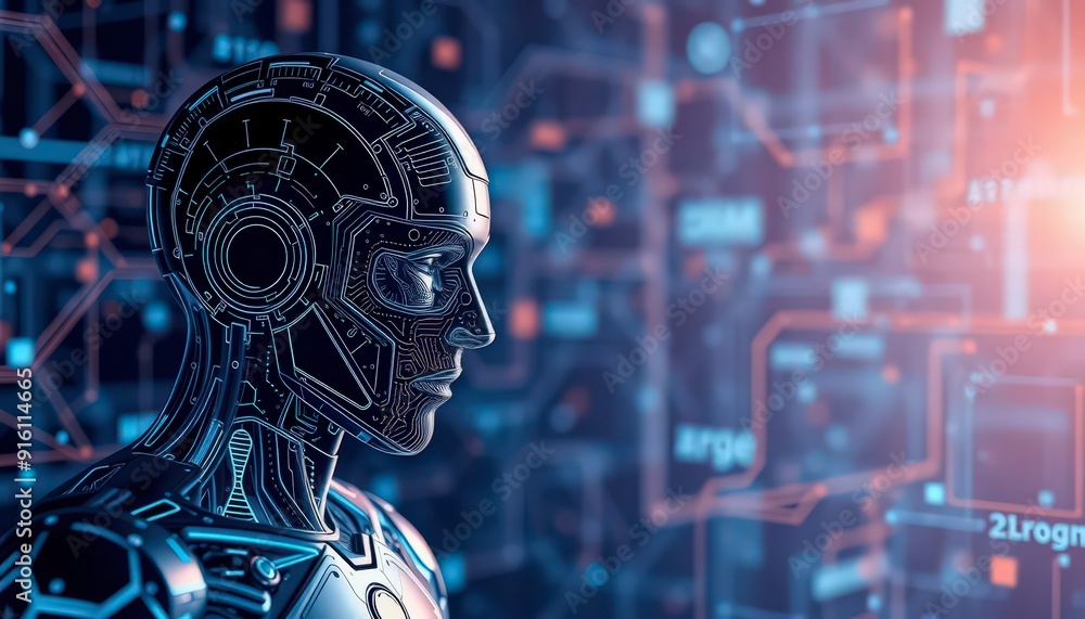 Poster futuristic robot head with circuitry and abstract background.