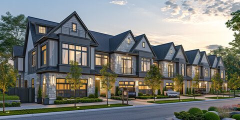 Row of Modern Townhouses with Stone Facades at Dusk.