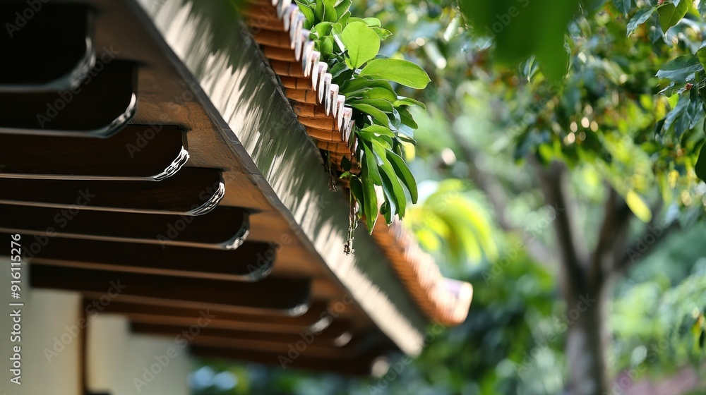 Sticker Closeup of a wooden roof with green leaves in the background.