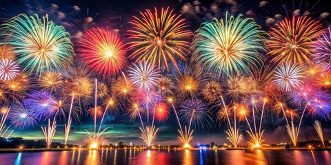 Wide shot of an exploding fireworks display in a panoramic view, panoramic burst, fireworks, celebration, event, colorful