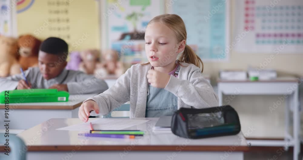 Aufkleber girl, child and writing in classroom for counting, problem solving or exam for education at academy.