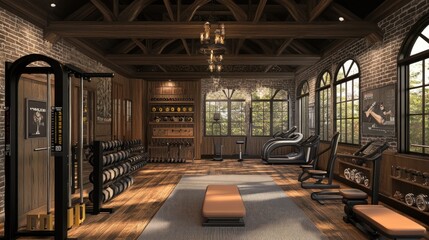 Modern home gym with wooden beams, exposed brick, and a large window.