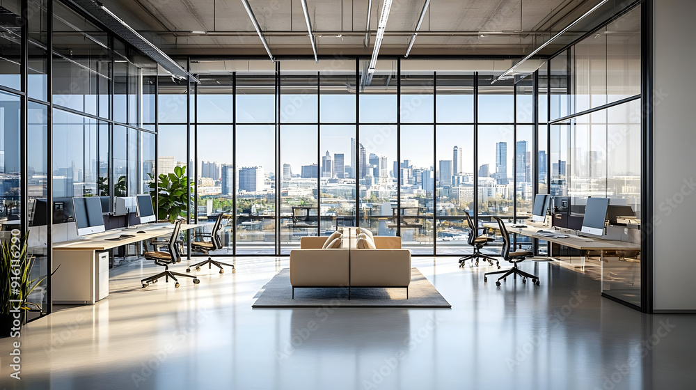 Canvas Prints Modern office with city view and lounge area.