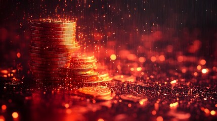 Naklejka premium Glowing Stack of Gold Coins with Trading Graph on Rainy Red Background