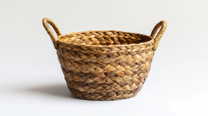 Fototapeta premium Empty woven basket with sturdy handles, sitting alone on a white background