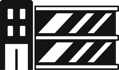 Simple black and white icon of a multi storey car park building facade