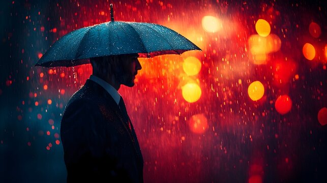 Businessman Triumphant in the City Stormy Night with Illuminating Lights