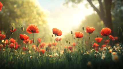 Obraz premium Scarlet poppies dance in the daylight breeze, painting the meadow in vibrant hues.