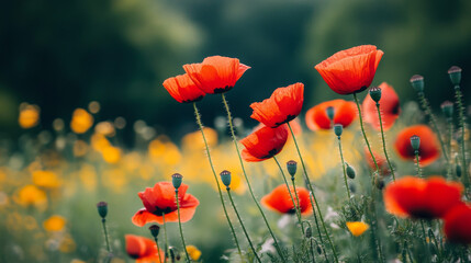 Obraz premium Scarlet poppies dance in the daylight breeze, painting the meadow in vibrant hues.