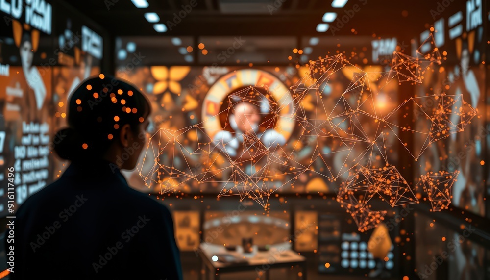 Poster abstract network connections with a blurred person in the background.