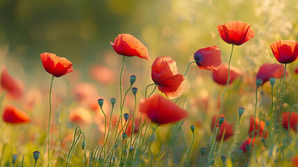 Scarlet poppies dance in the daylight breeze, painting the meadow in vibrant hues.