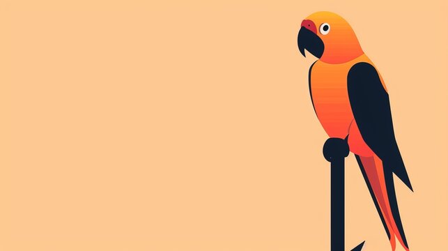 Minimalist parrot on a perch, 2D vector art, clean and basic design, smooth lines, uncomplicated and plain, bold and bright colors, simple background