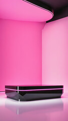 black futuristic carbon podium in a futuristic lab, pink neon colours, futuristic carbon podium with presentation space, ad, podium platform, product presentation space