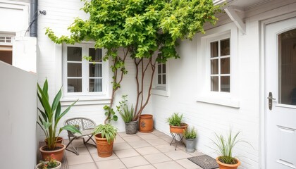 Fototapeta premium White Patio With Plants and Chair.